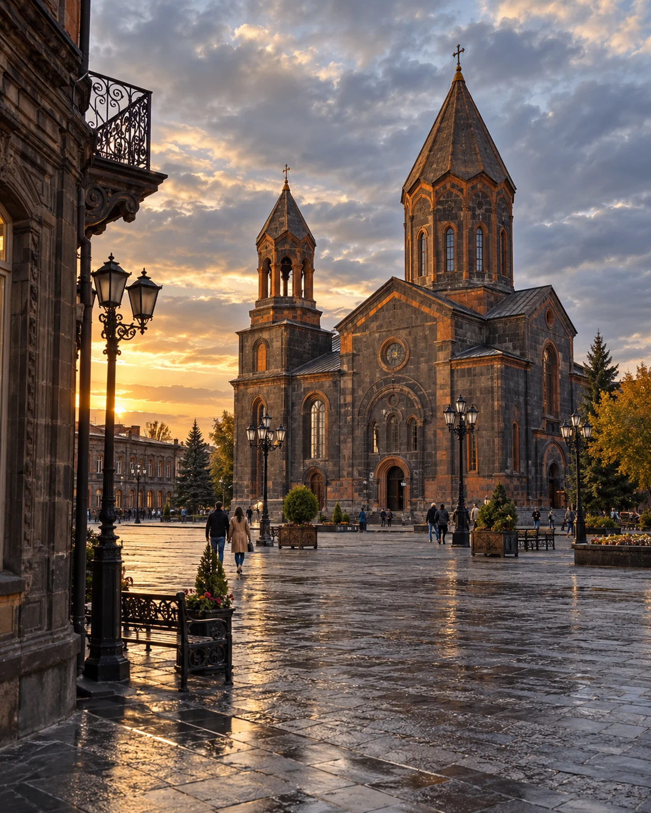 De Heilige Verlosserkerk en historische zwarte tufsteenarchitectuur in Gyumri.
