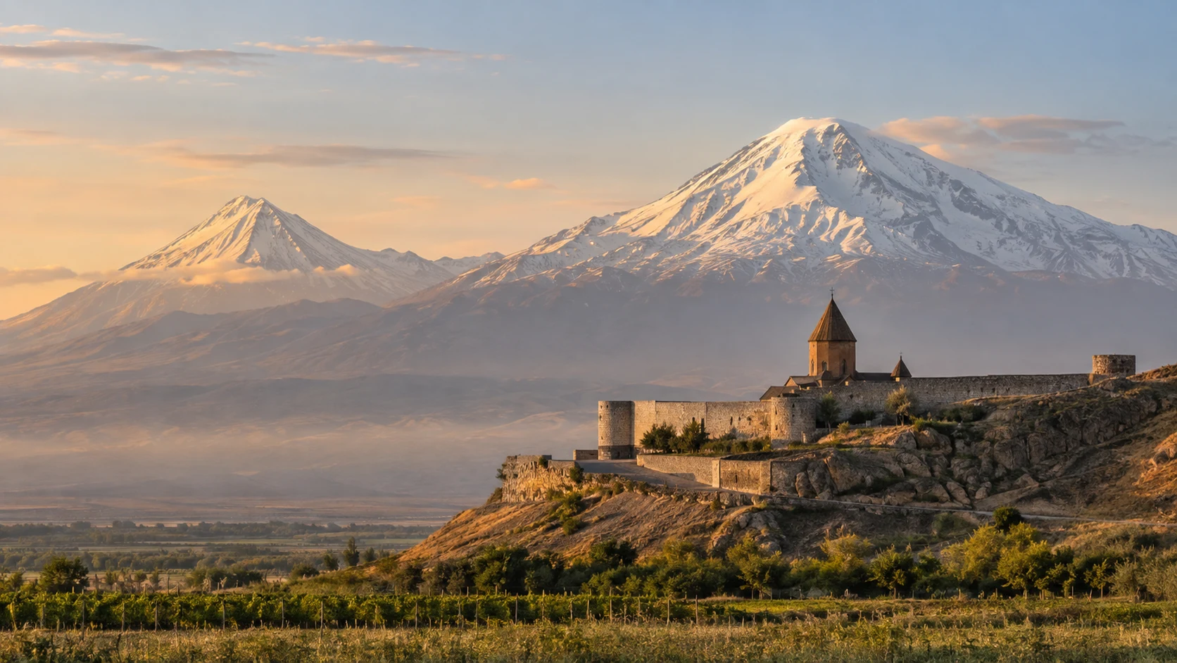 Klooster Khor Virap met de besneeuwde berg Ararat in Armenië.