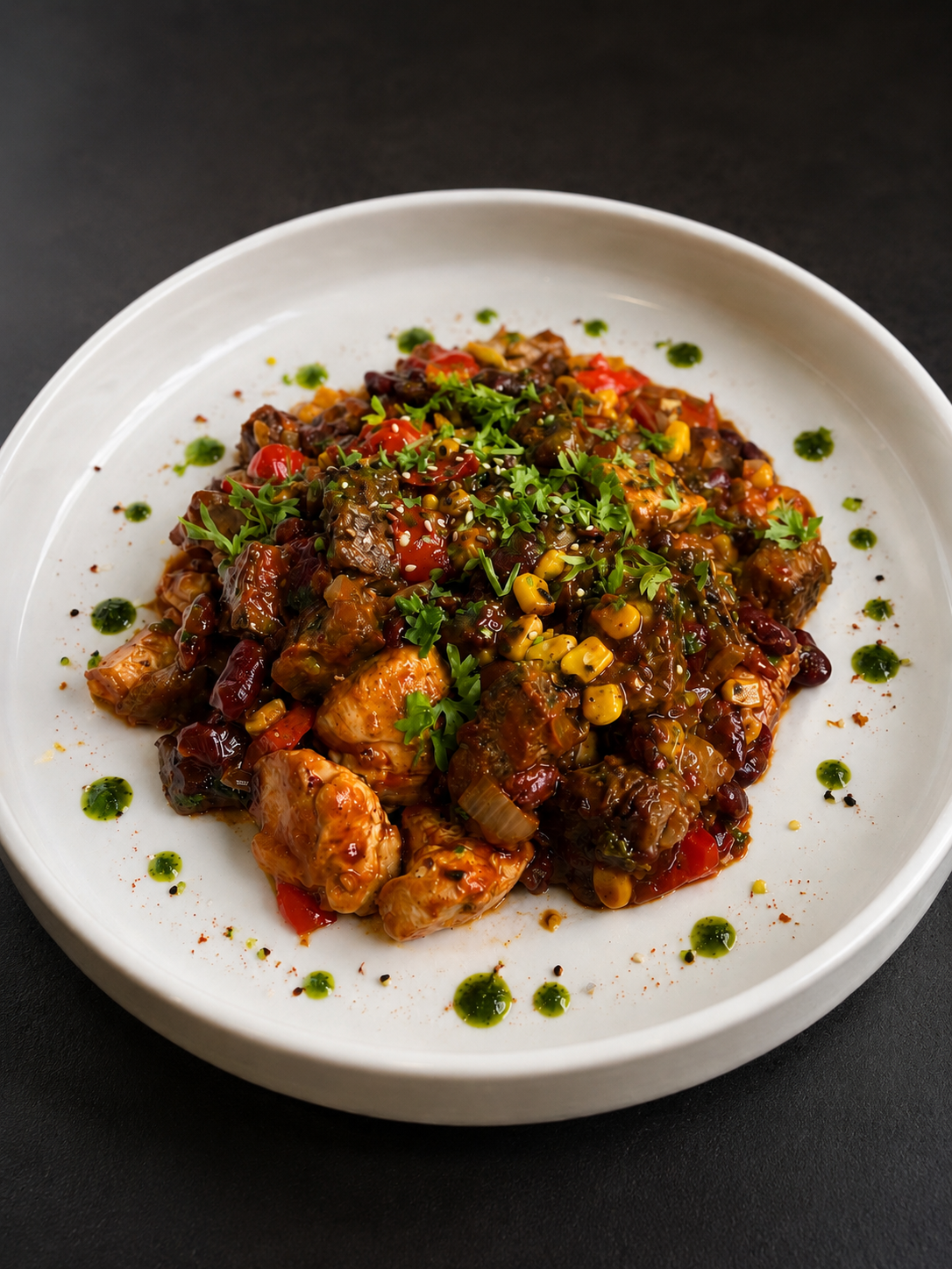 Poloz Mukuch met rundvlees, kipfilet, rode kidneybonen, maïs en paprika.