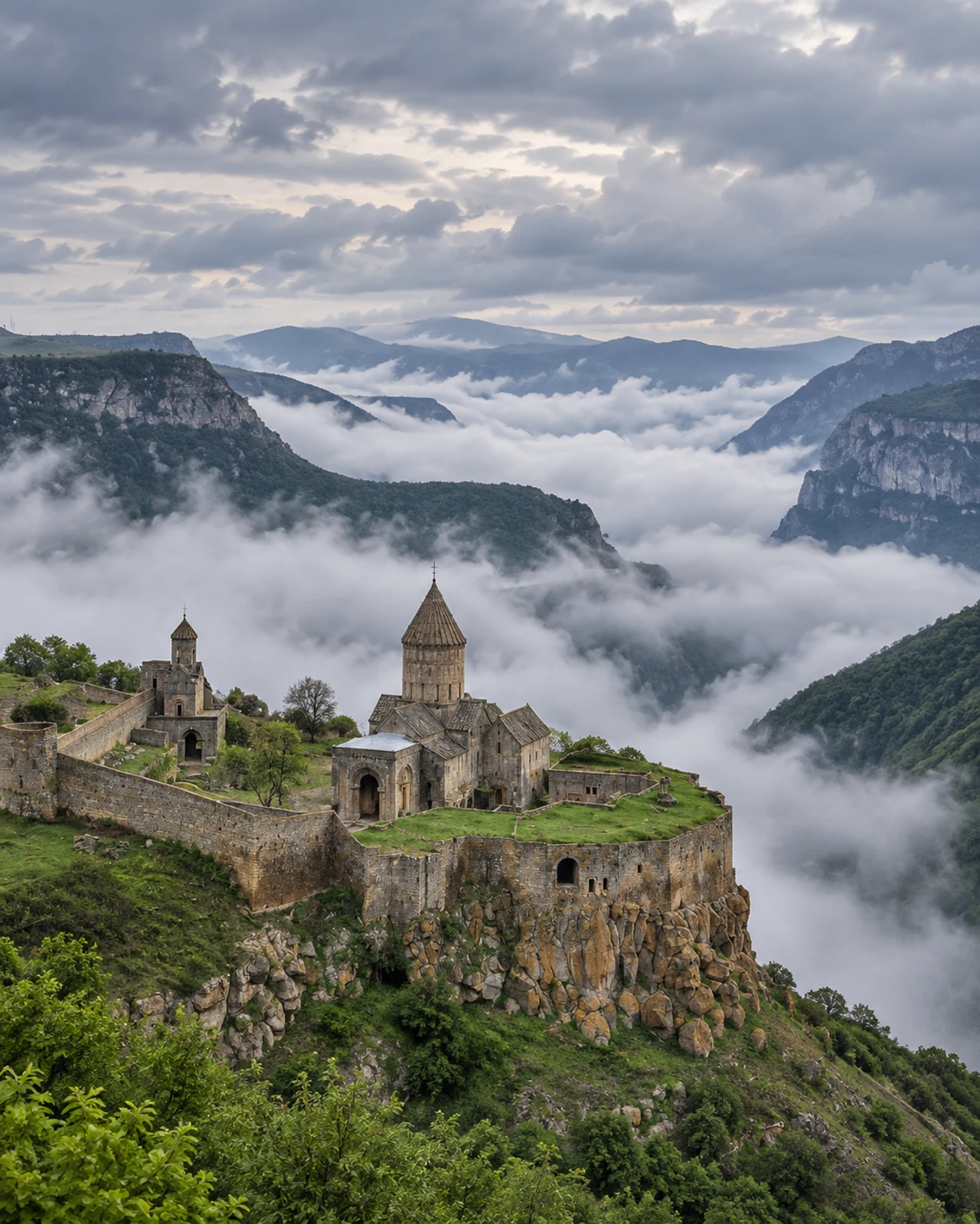 Klooster van Tatev boven de met wolken gevulde Vorotan-kloof in Armenië.